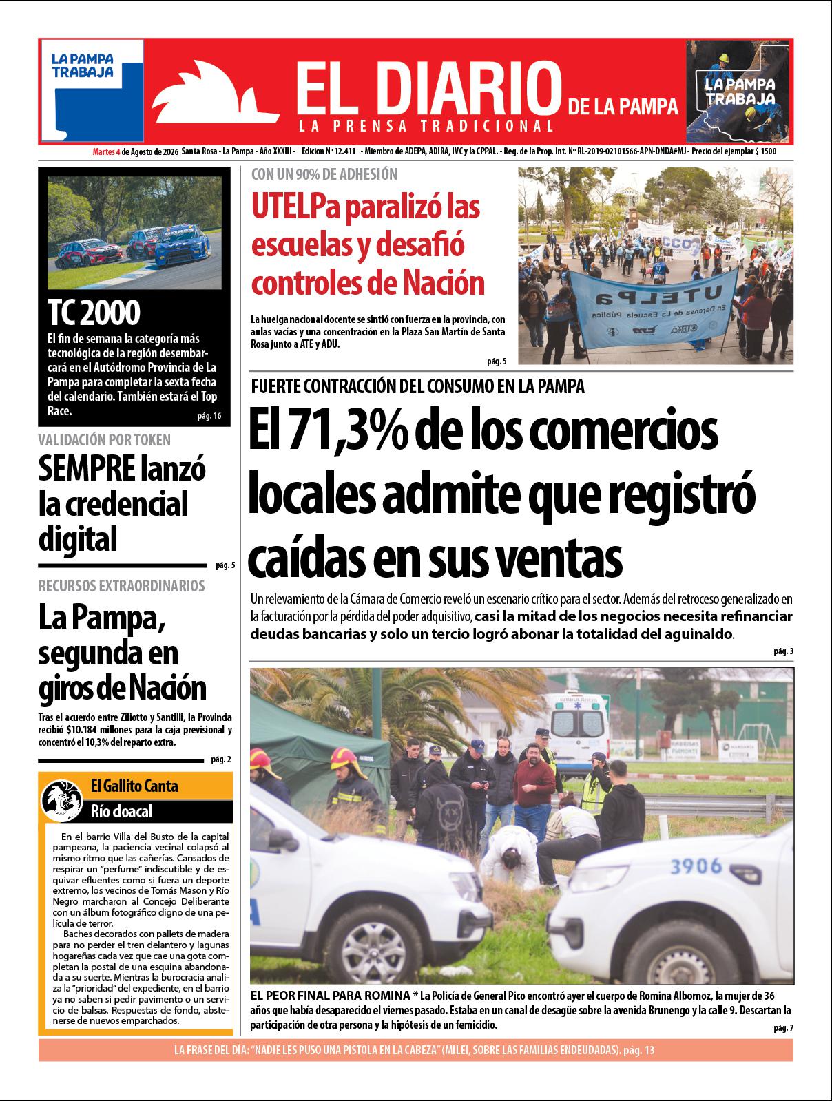 Tapa de El Diario en papel  martes 04 de agosto de 2026